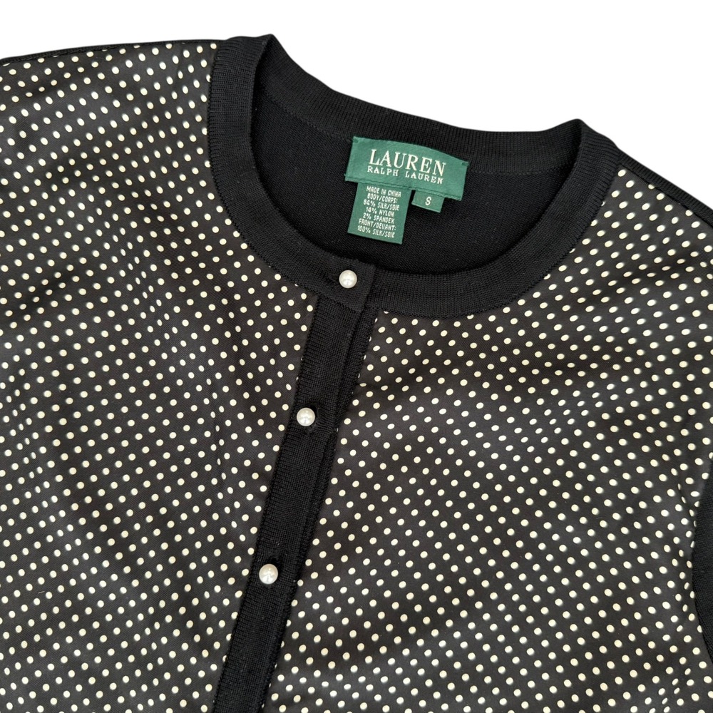 Lauren Ralph‎ Lauren Silk Polka Dot Pearl Button Cardigan Sweater Black Small